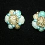 Vintage Clip Earrings .. Blue And Gold Acrylic..