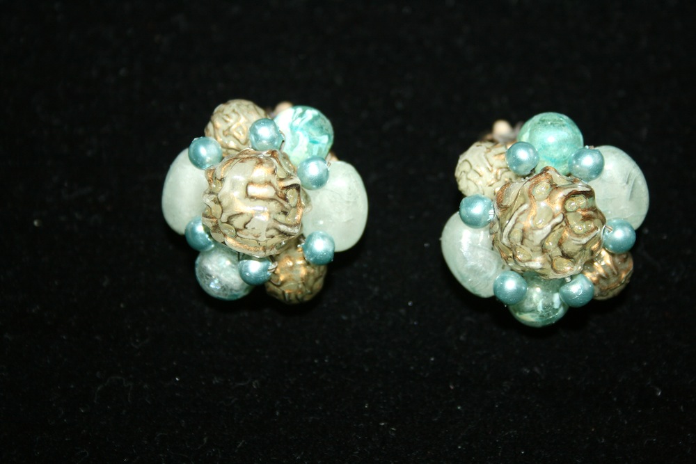 Vintage Clip Earrings .. Blue And Gold Acrylic Beads .. Hong Kong